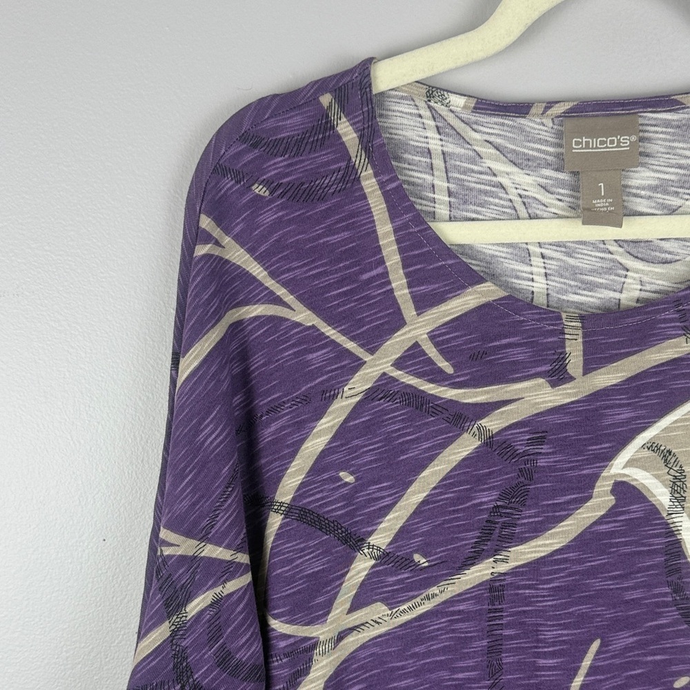 Chico's Cotton Modal Blend Purple Tan Round Neck Abstract 3/4 Sleeve Medium Top - Picture 6 of 11
